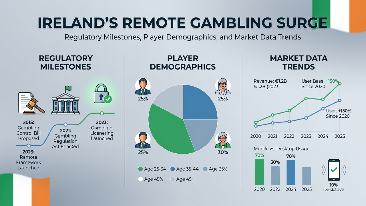Infographic displaying player demographics and regional participation rates in Ireland's remote gambling sector