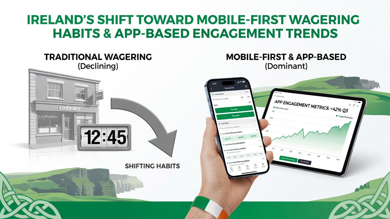 Group of users interacting with mobile wagering apps in a social setting, illustrating app-based engagement trends in Ireland